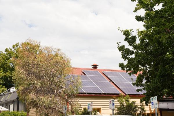 Top of house, with solar panels on roof