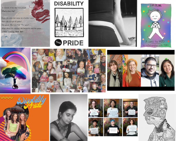A collage of artworks & images that are part of YDAS Disability Pride project