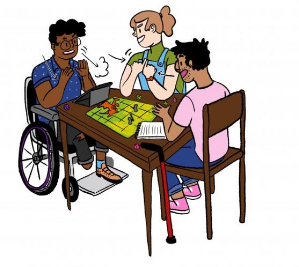 3 people playing board games, including a wheelchair user & Auslan user