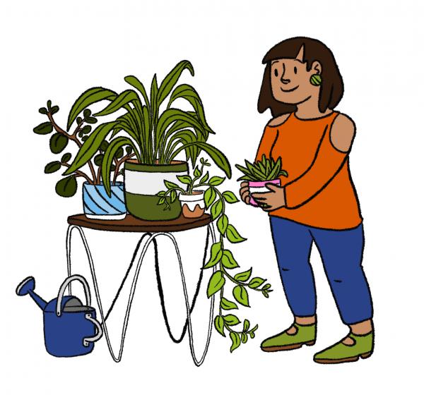 An illustrations of a young person with dwarfism looking at some plants