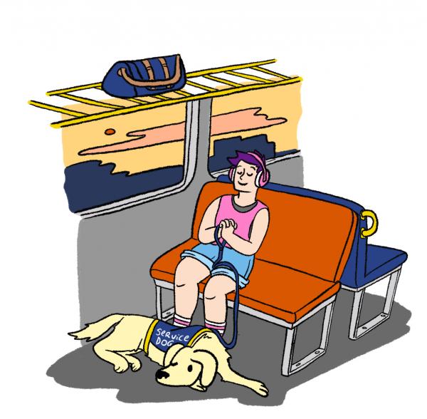 An image of a young person with their service dog alone on public transport