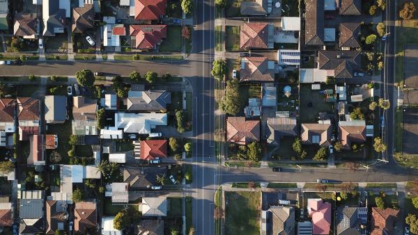 A birds eye shot of a suburban area