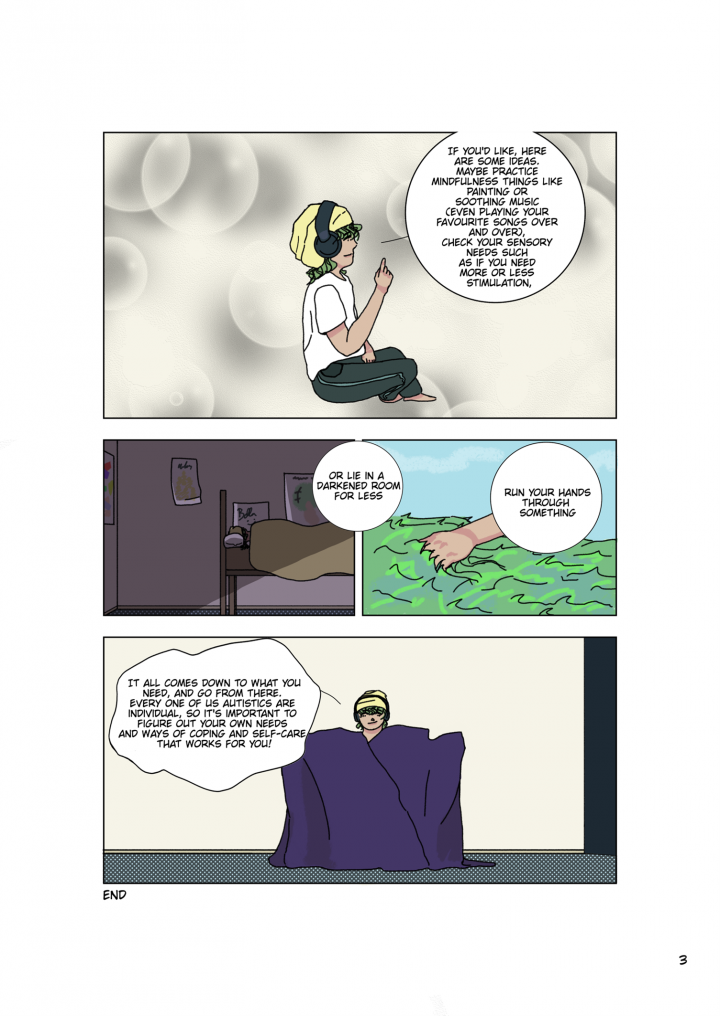 Page 3 of comic: Hazel relaxing and practicing self care in different ways.