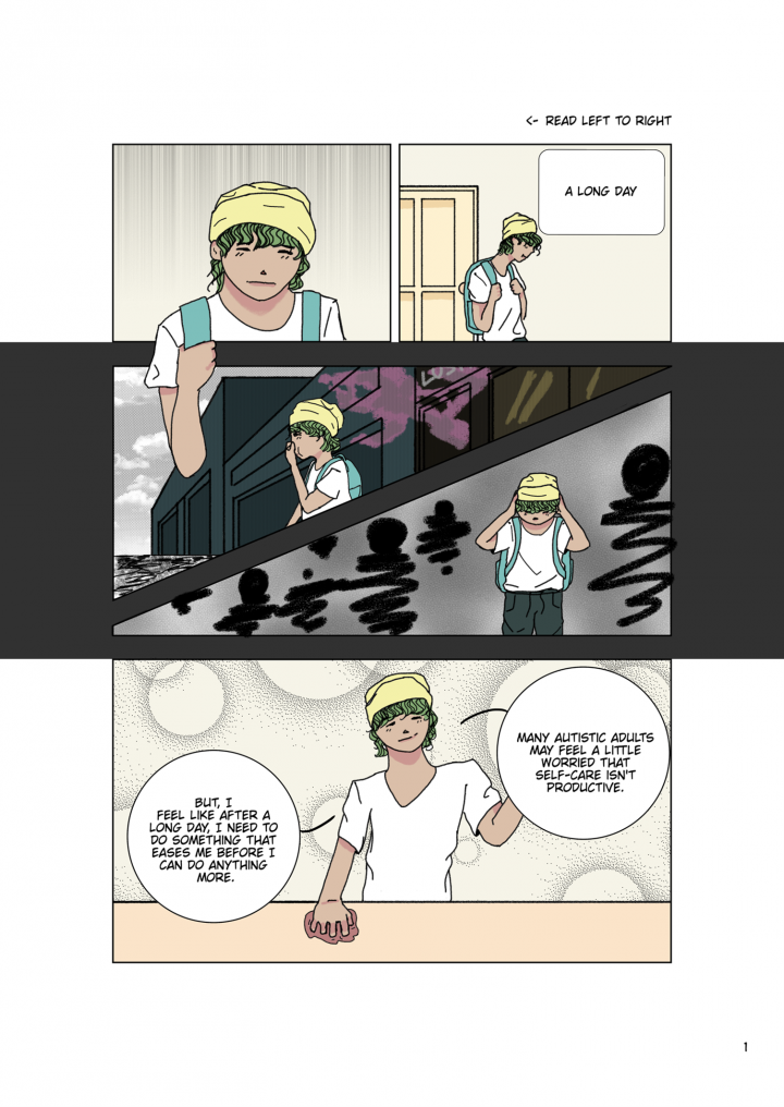 Page 1 of comic: Hazel looking tired after a long day.